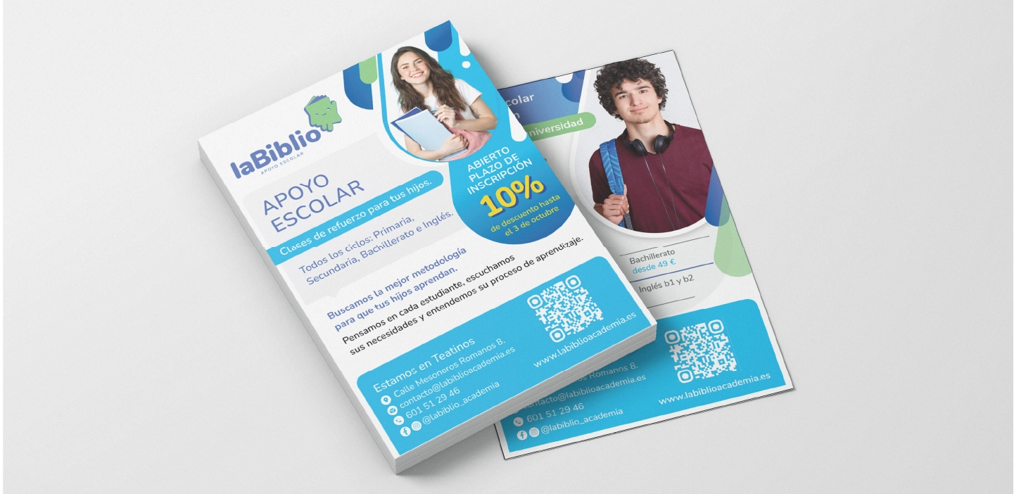 Creación de Flyer para Academia de Apoyo Escolar en Málaga - laBiblio - deltomate comunicación