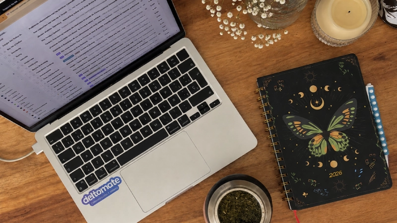 Espacio de trabajo creativo con notebook, mate y cuaderno sobre una mesa de madera, utilizado para escribir y desarrollar contenidos de comunicación y marketing.