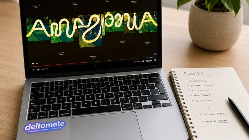 Análisis de branding e identidad de marca del caso Amazônia desde una notebook junto a cuaderno de trabajo y escritorio creativo.