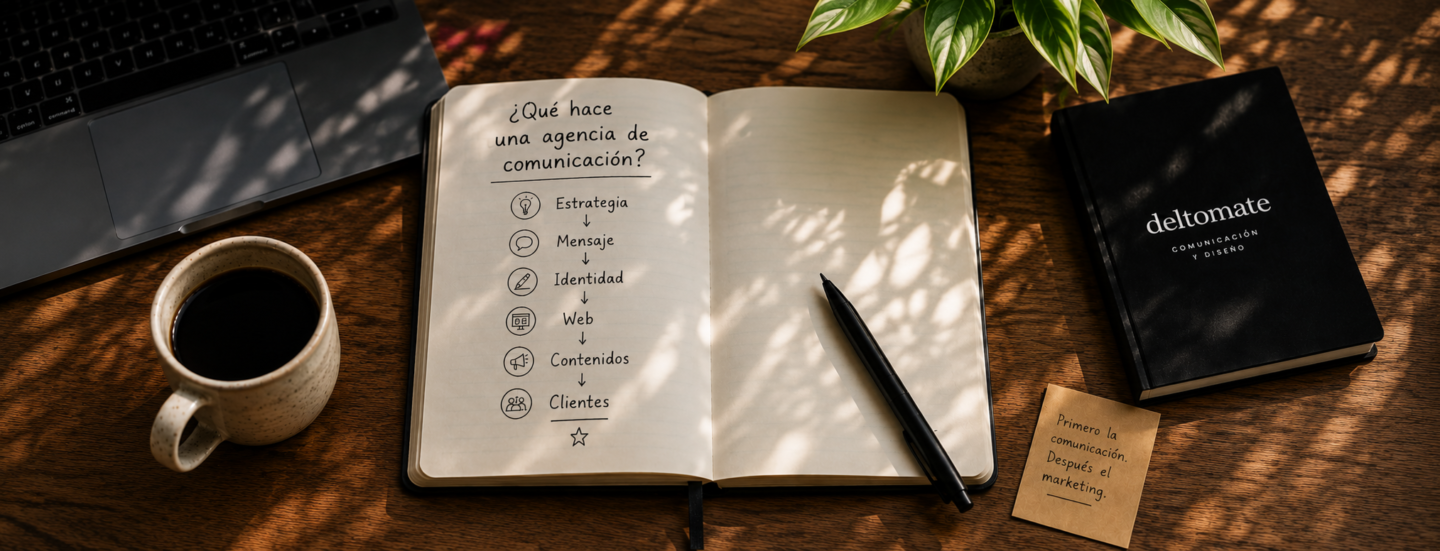 Libreta con notas estratégicas de marca sobre una mesa de trabajo. Agencia de comunicación en Málaga especializada en branding, diseño web y estrategia de comunicación.